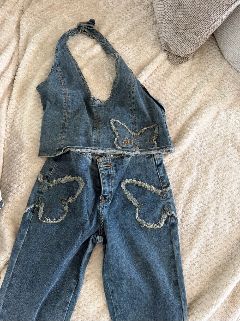 I.AM.GIA Denim Butterfly Halter Crop Top and pants  - Blue jean